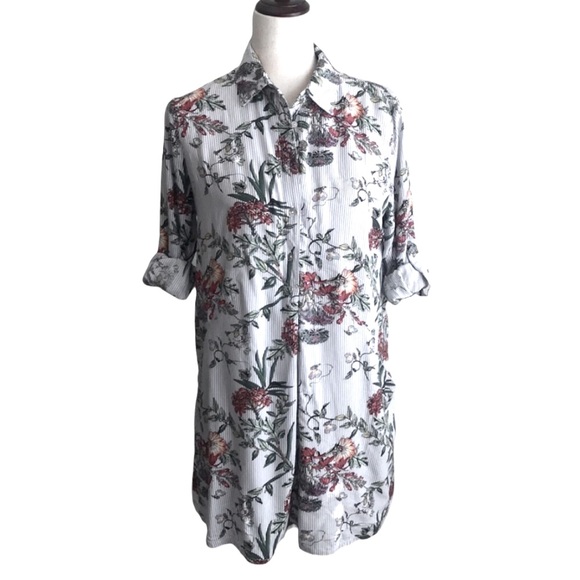 Entro Floral Shirt Dress Button Down Popover Collared Medium Pockets Tab Sleeves - Picture 9 of 15